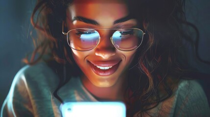 Smiling young woman stares at her mobile phone while texting, messaging and browsing social networks realistic hyperrealistic  