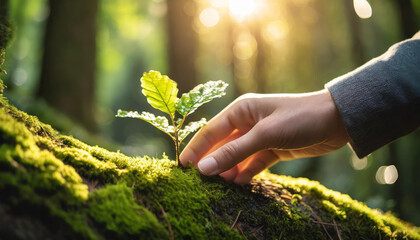 hand gently caressing moss on ancient tree trunk, evoking deep bond with nature