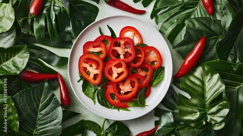 Poster sliced red peppers on a minimal background with a white plate of fruit surrounded by leaves in matte