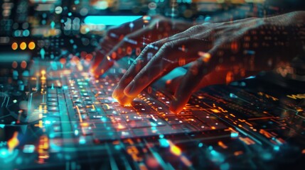 Obraz premium future of technology with a close-up of hands typing on a transparent keyboard, surrounded by holographic code, symbolizing innovation and digital transformation.
