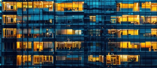 Pattern of office buildings windows illuminated at night. Glass architecture ,corporate building at night - business concept.