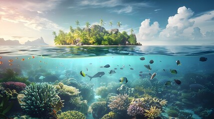 Tropical Island and Underwater Scene
