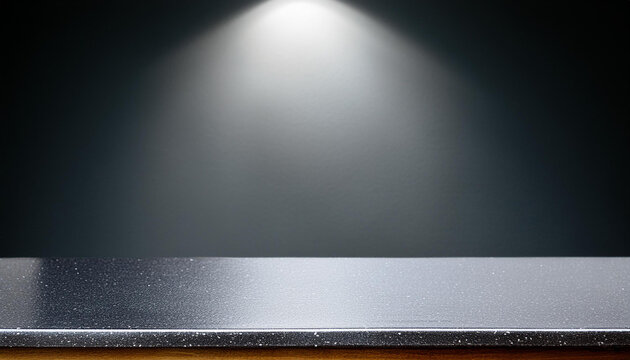 Silver steel countertop, empty shelf. realistic mockup of table top, kitchen counter on gray background with spot light. Bar desk surface in foreground
