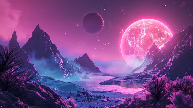 Surreal alien landscape with neon pink moon, distant planet, and foggy mountains under a vibrant, otherworldly purple sky.