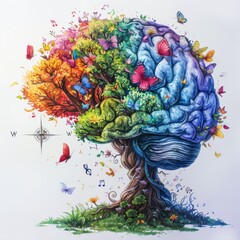 Creative Mind Blossoms: Brain as a Vibrant Tree of Imagination. Concept of brain as a garden.