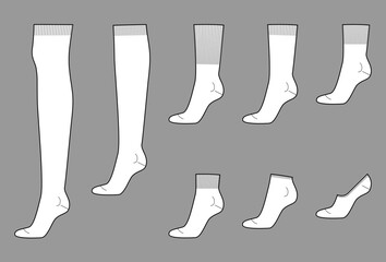 Set of socks length - low cut, high low ankle, crew, mid calf, knee high, over knee, thigh high. Fashion accessory clothing technical illustration stocking. Vector side view women style, flat template