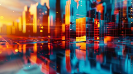 Obraz premium Futuristic cityscape with vibrant lights and abstract reflections, creating a captivating digital metropolis at sunset.