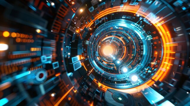 "Futuristic technological tunnel with vibrant blue and orange light patterns, representing advanced digital and data communication concepts."