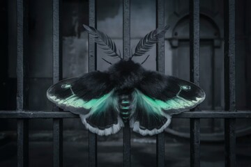 Beautiful moth displaying vibrant green patterns clings to iron bars in a mysterious, foggy...