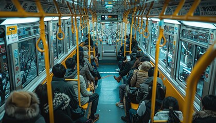 Commuters ride a crowded subway train in Japan.