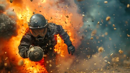 A soldier in protective gear runs through a dramatic explosion with debris flying, showcasing action and intense peril.
