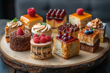 mini bento cakes, assorted mini bento cakes on a wood platter, varied shapes and sizes, perfect for dessert presentation