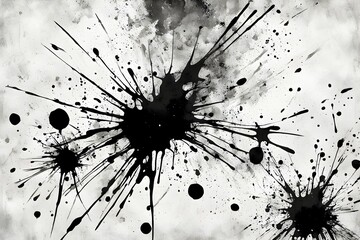 The image is a black and white photo of a splatter of ink on a white background