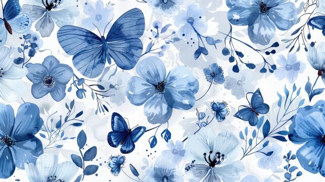 Blue abstract flowers and butterflies in a pattern a seamless watercolor floral design for textiles nature themed backgrounds or wallpapers