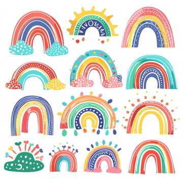 rainbow set on white background, doodle art