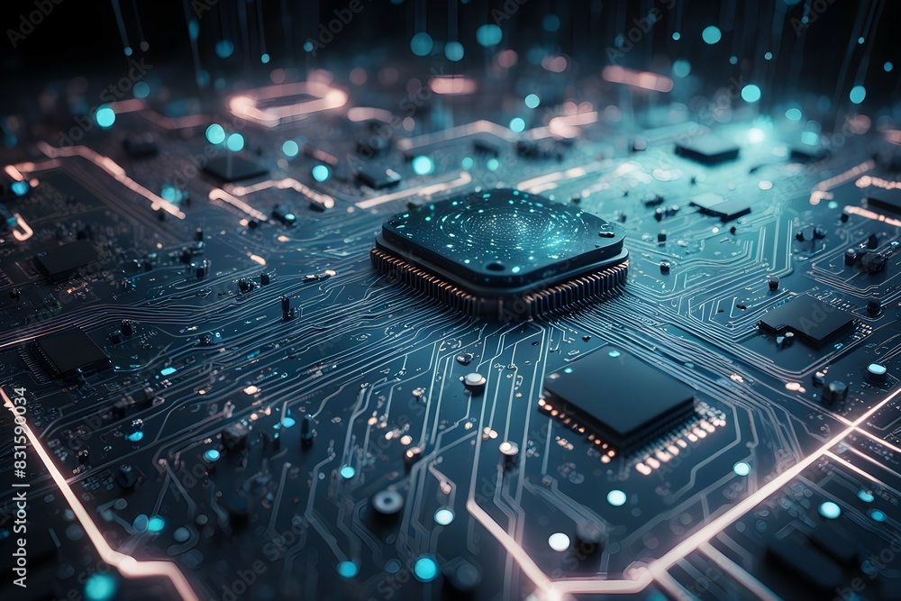 Poster a computer chip is shown in a blue and white color scheme