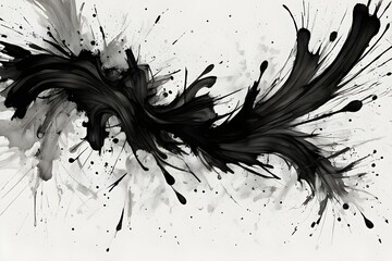 The image is a black and white painting of a spray of black paint