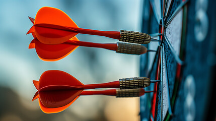 Three red arrows are flying towards a target. Concept of competition and focus as the arrows are aimed at the bullseye