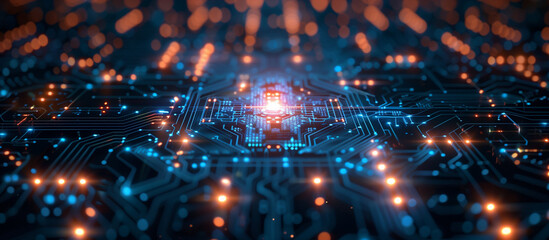 Fototapeta premium A computer chip with a bright light shining on it. The chip is blue and orange