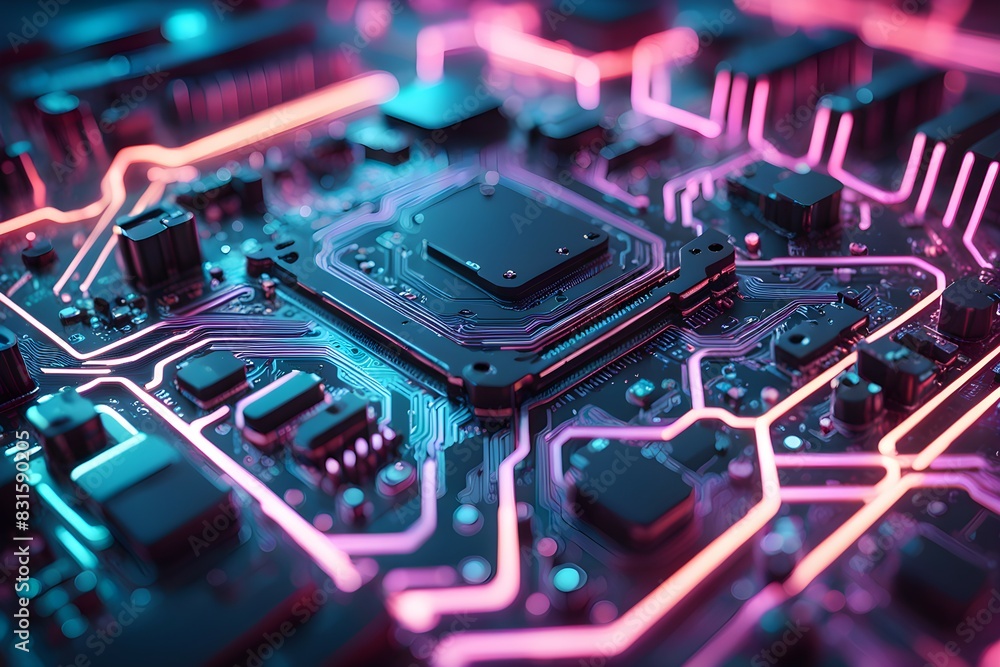 Poster a computer chip with neon colors and a glowing effect