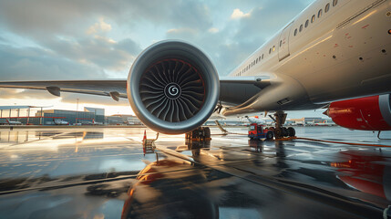 A large jet engine is being serviced at an airport. Concept of industry and efficiency, as the workers are focused on maintaining the aircraft