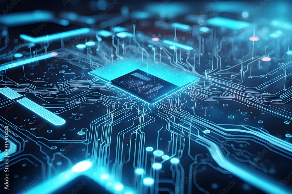 Poster a computer chip is shown in a blue and white color scheme