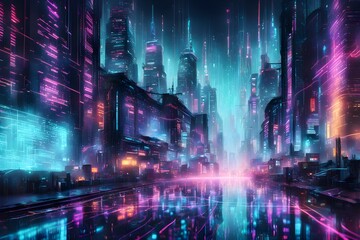 Fototapeta premium A cityscape with neon lights and a reflection of the city in the water