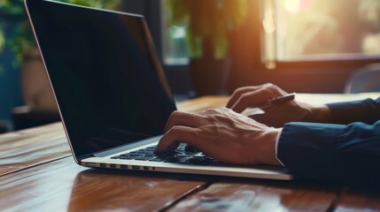 Fototapeta premium Close up of business man hand working on blank screen laptop computer on wooden desk as concept 