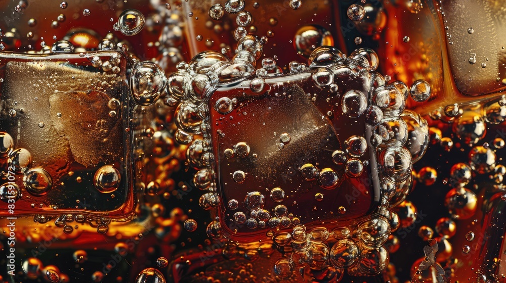Poster close up of ice cubes in cola showcasing the texture of carbonated soda with bubbles in a glass as t