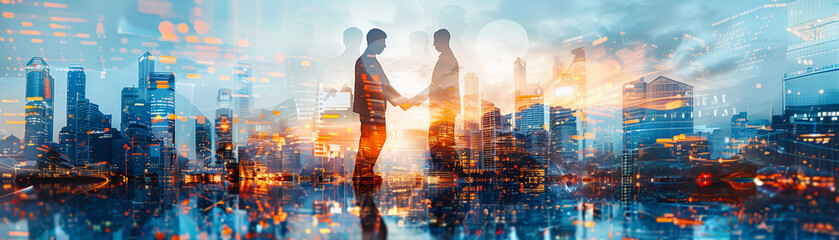 A man and a woman shake hands in front of a city skyline. Concept of professionalism and collaboration, as the two individuals are likely business partners or colleagues