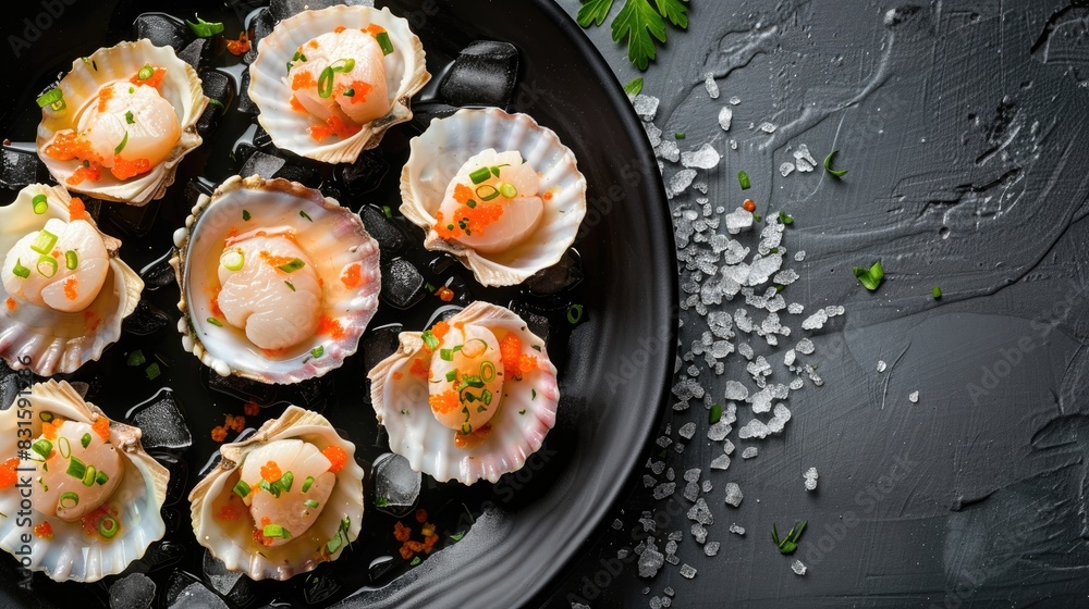 Poster scallops in shell served on a black table from above room for adding text
