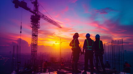 Fototapeta premium Three construction workers standing on a building site, looking at the sunset. The sky is filled with clouds and the sun is setting, creating a beautiful and serene atmosphere