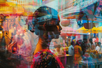 Dreamy, vibrant double exposure of a woman in a bustling street market, showcasing colorful culture and dynamic urban lifestyle.