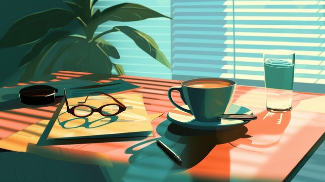 Office desk with documents, coffee cup, and glasses in sunlight with blinds casting shadows.