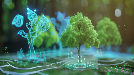 A futuristic nature scene blending 2D illustrations and realistic 3D elements with AR animal holograms.