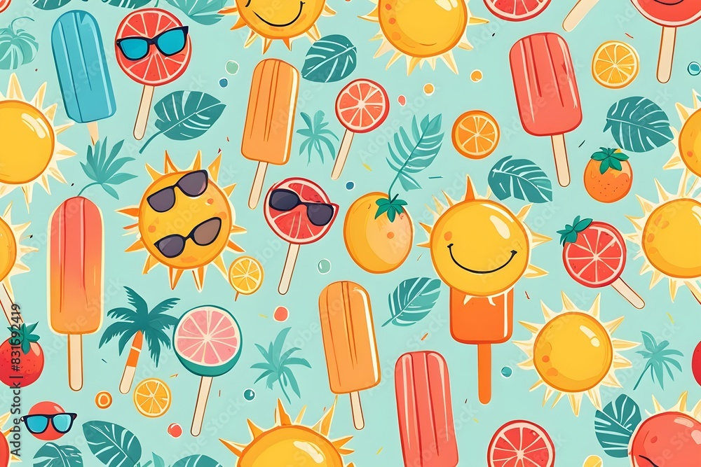Poster a colorful pattern of fruits and ice cream with a smiling sun in the middle