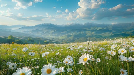 Serene and Artistic Natural Scene: Beautiful Pastoral Landscape with Chamomile and Blue Wild Peas in Morning Haze Against a Blue Sky with Clouds.