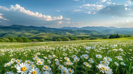 Serene and Artistic Natural Scene: Beautiful Pastoral Landscape with Chamomile and Blue Wild Peas in Morning Haze Against a Blue Sky with Clouds.