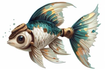 Steampunk-inspired fish illustration featuring brass elements and intricate detailing, blending nautical and mechanical aesthetics in a vibrant, imaginative style.