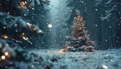 enchanting christmas forest with decorated tree and falling snow holiday background 11