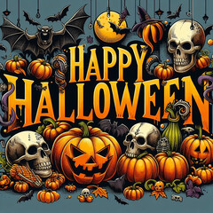 Happy Halloween - baner, tekstura, tło z tekstem - dynie, czaszki, nietoperze.