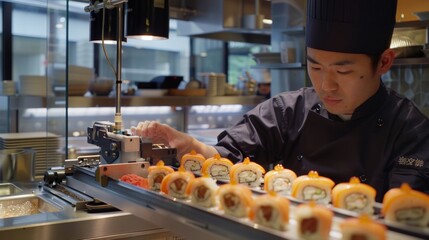 A sushi chef meticulously prepares and arranges sushi rolls at a modern kitchen counter in a restaurant.