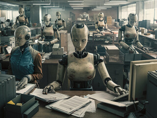 Group of humanoid robots performing tasks like typing, filing, and organizing documents in busy office filled with desks, computers, and supplies.