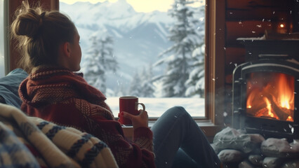 Fototapeta premium The woman of happiness beside the fireplace
