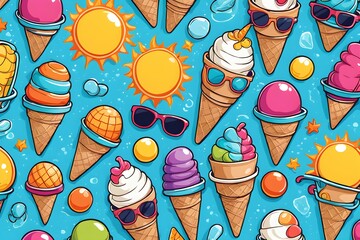 A colorful ice cream pattern with sunglasses and sun on it