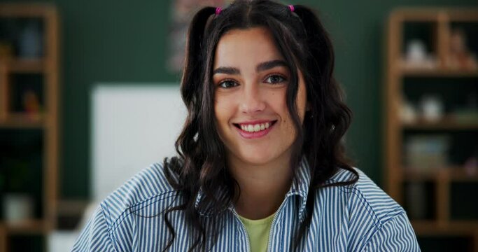 Girl, student and happy face in home or study room for university exams or assignment, learning and education. Learner, portrait and writing for notes on business subject, project or task for college