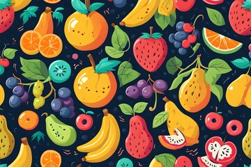 A colorful fruit pattern with a variety of fruits including bananas, apples