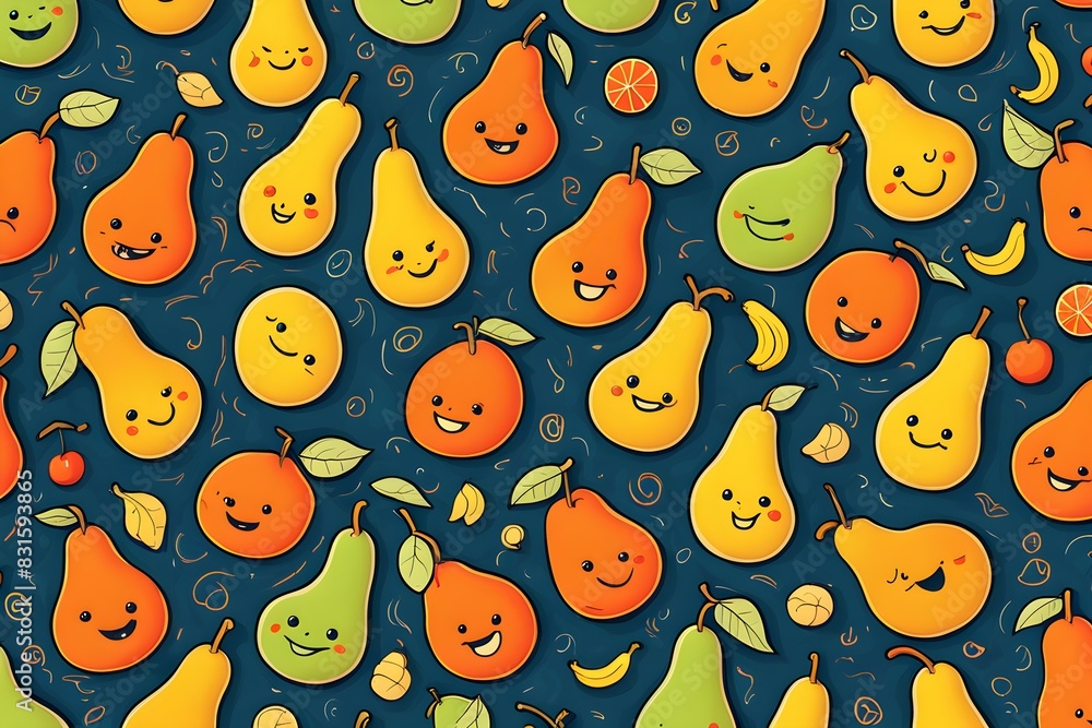 Poster a colorful pattern of fruits with smiling faces on them