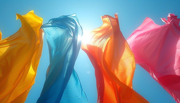 Colorful fabric flags waving in the wind against a bright blue sky.