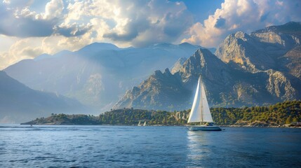 Sailboat in the sea in the evening sunlight over beautiful big mountains background, luxury summer adventure, active vacation in Mediterranean sea